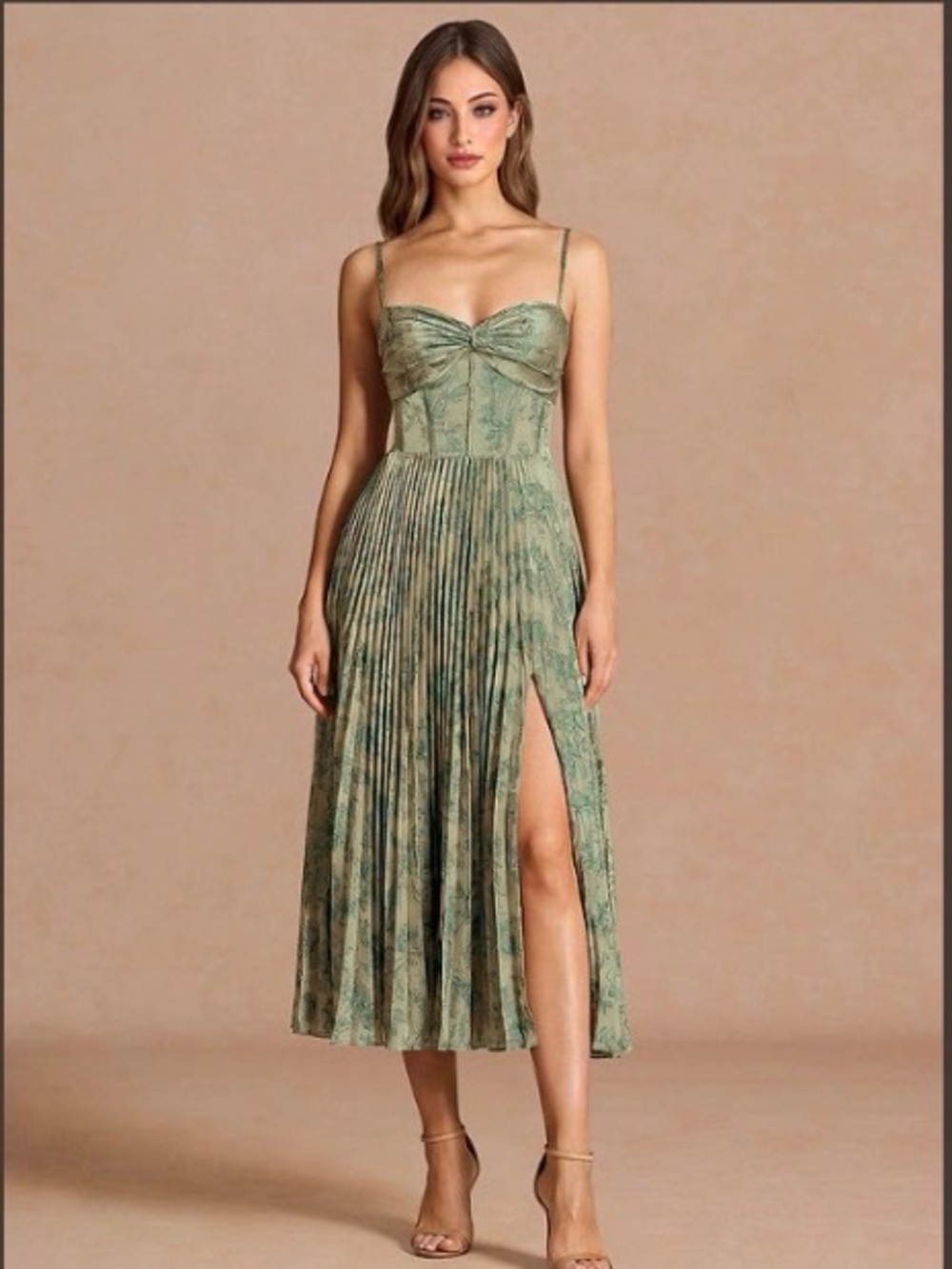 Azazie Sage Green Pleated Midi Dress